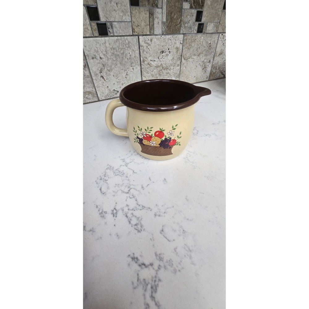 Vintage Enamelware Fruit Basket Pitcher Creamer Cream Brown Farmhouse Decor
